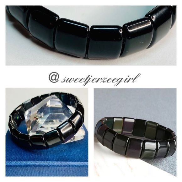 Black Rainbow Obsidian Square Tile Stretch Bracelet - Picture 3 of 9